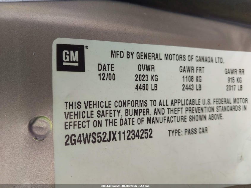 2001 Buick Century Custom VIN: 2G4WS52JX11234252 Lot: 44824759