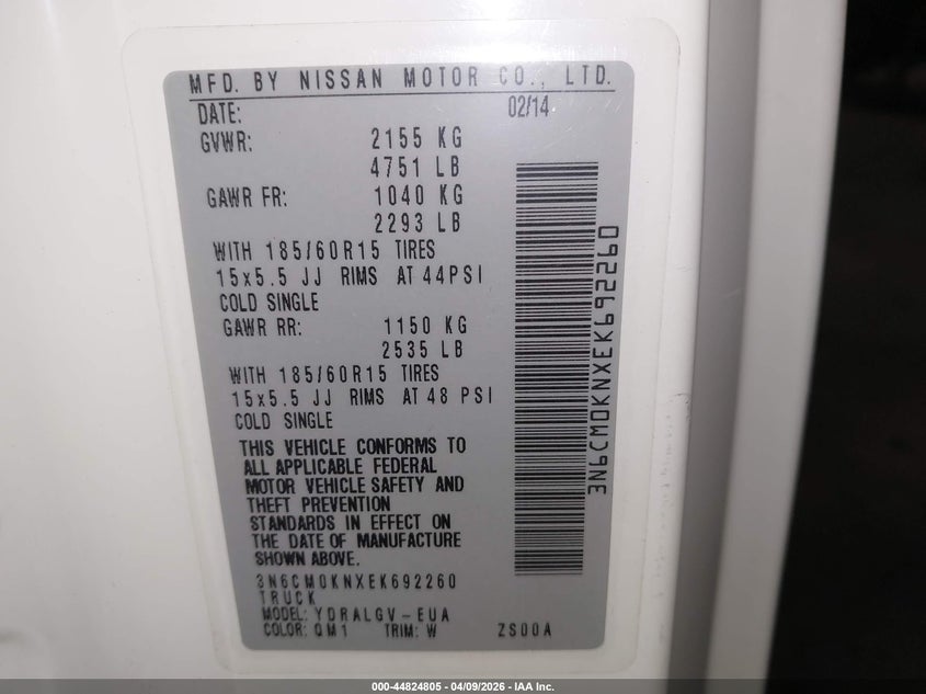 2014 Nissan Nv200 Sv VIN: 3N6CM0KNXEK692260 Lot: 44824805