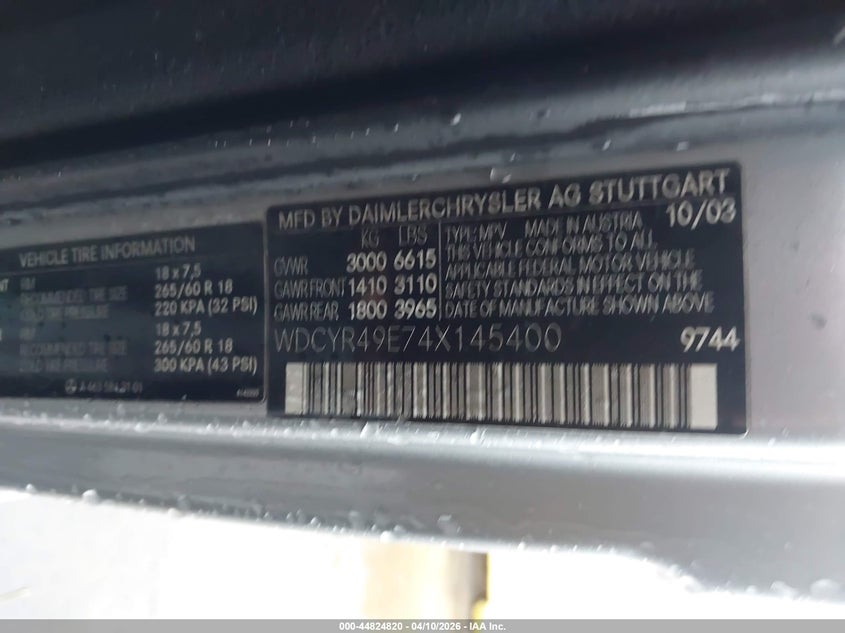 2004 Mercedes-Benz G 500 4Matic VIN: WDCYR49E74X145400 Lot: 44824820