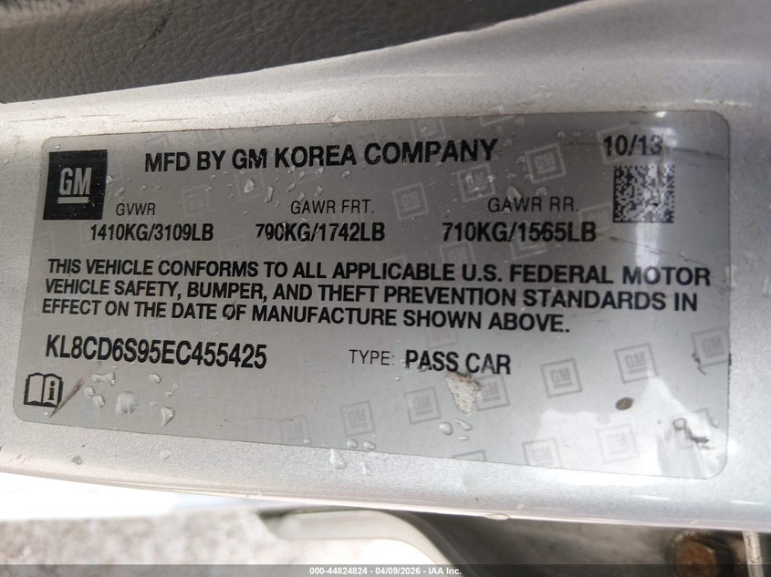 2014 Chevrolet Spark 1Lt Auto VIN: KL8CD6S95EC455425 Lot: 44824824