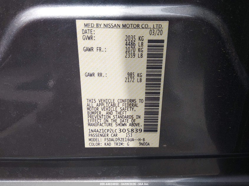 2020 Nissan Leaf Sv 40 Kwh VIN: 1N4AZ1CP2LC305839 Lot: 44824850