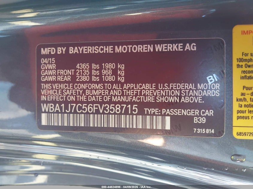 2015 BMW M235 VIN: WBA1J7C56FV358715 Lot: 44824896