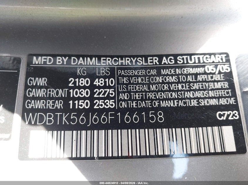2006 Mercedes-Benz Clk 350 VIN: WDBTK56J66F166158 Lot: 44824910