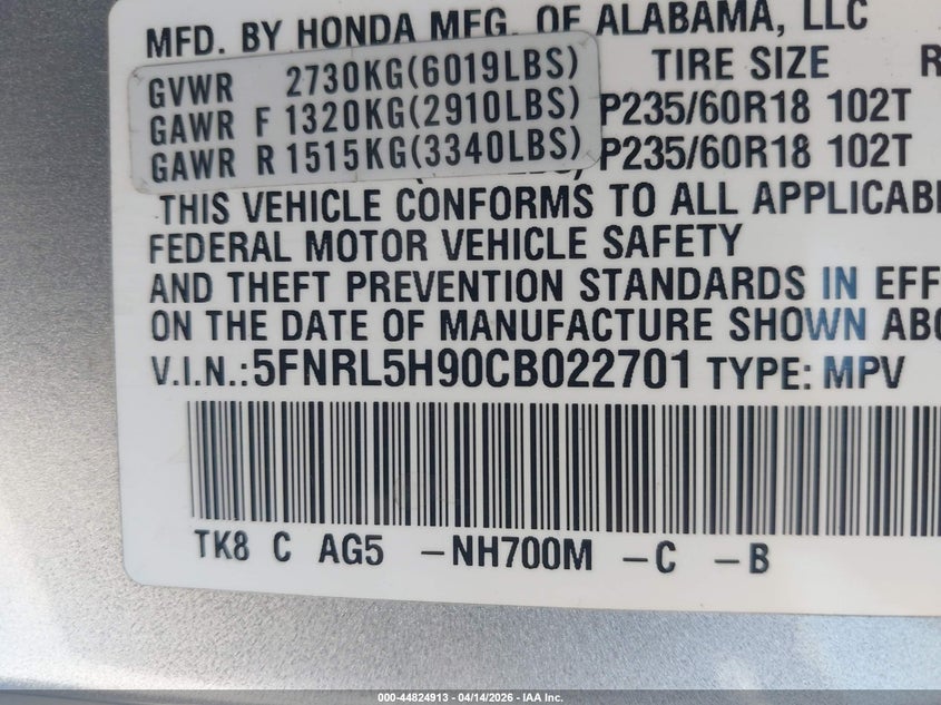 2012 Honda Odyssey Touring/Touring Elite VIN: 5FNRL5H90CB022701 Lot: 44824913