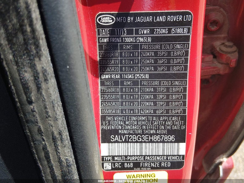 2014 Land Rover Range Rover Evoque Dynamic VIN: SALVT2BG3EH867896 Lot: 44824958