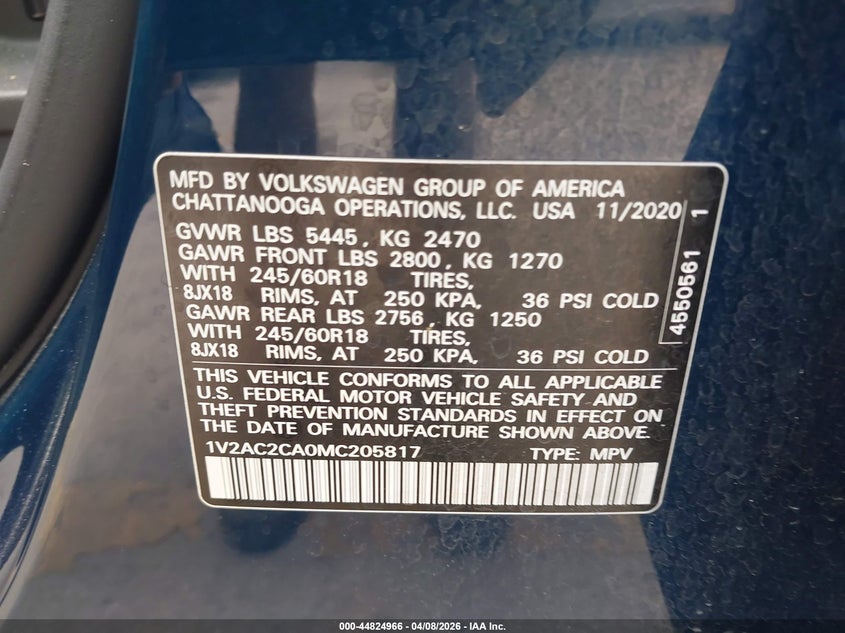 2021 Volkswagen Atlas Cross Sport 2.0T S VIN: 1V2AC2CA0MC205817 Lot: 44824966