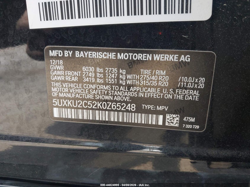 2019 BMW X6 xDrive35I VIN: 5UXKU2C52K0Z65248 Lot: 44824995