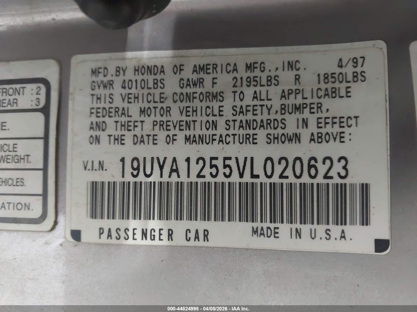 1997 Acura Cl 2.2 VIN: 19UYA1255VL020623 Lot: 44824998