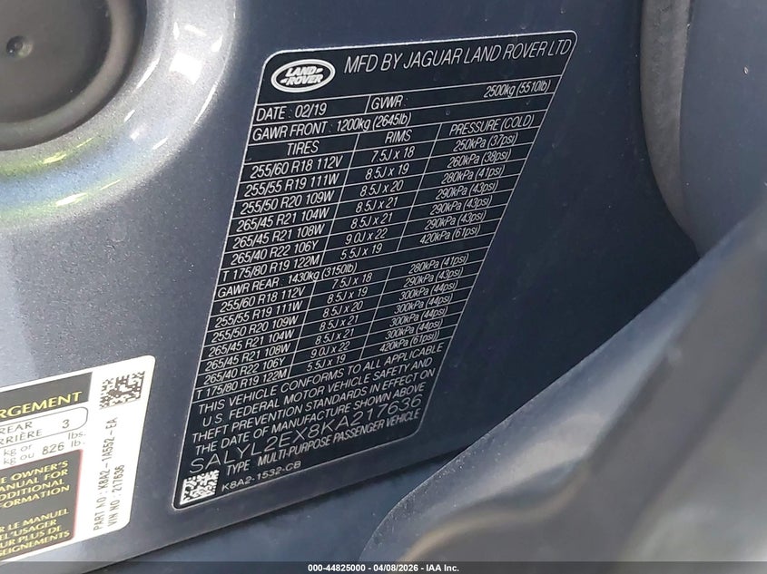 2019 Land Rover Range Rover Velar P250 R-Dynamic Se VIN: SALYL2EX8KA217636 Lot: 44825000