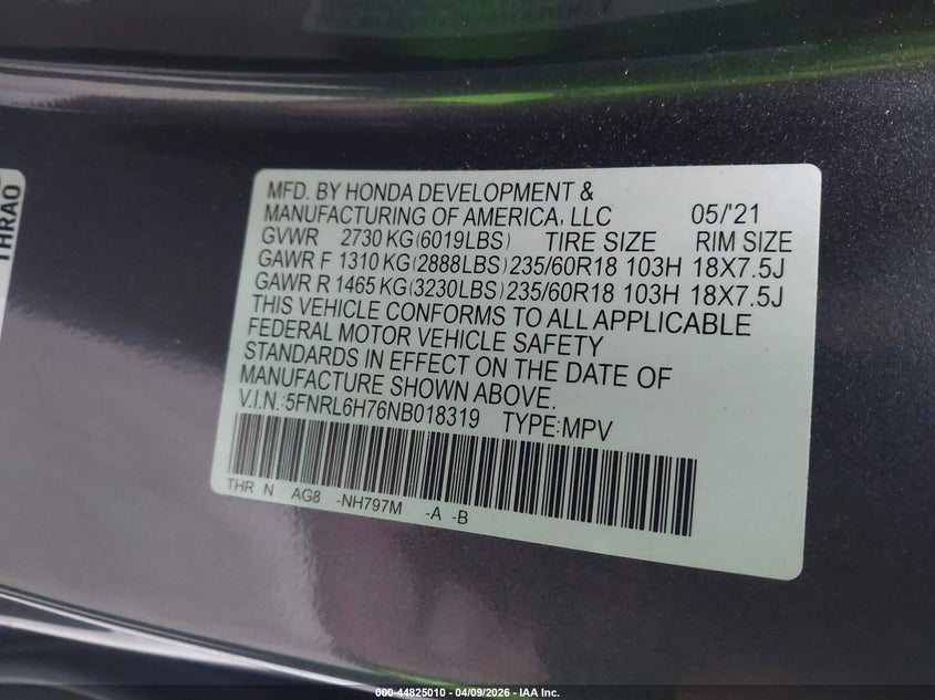 2022 Honda Odyssey Ex-L VIN: 5FNRL6H76NB018319 Lot: 44825010