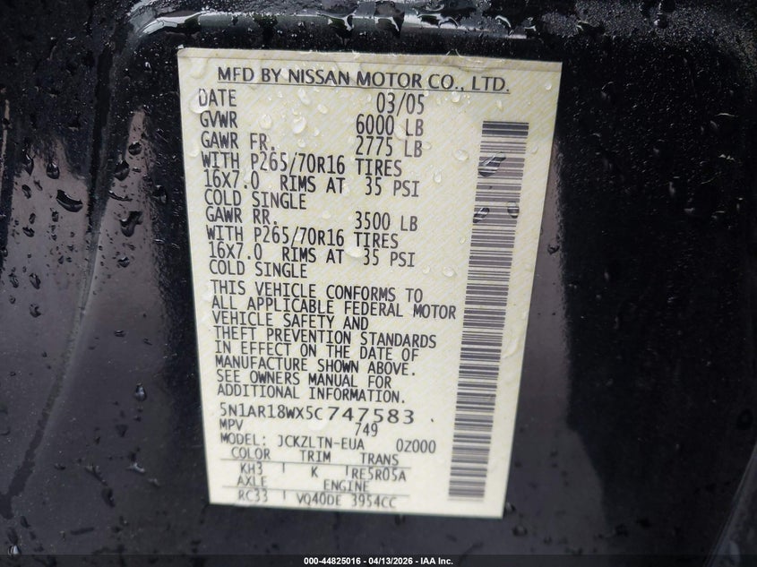 2005 Nissan Pathfinder Se VIN: 5N1AR18WX5C747583 Lot: 44825016