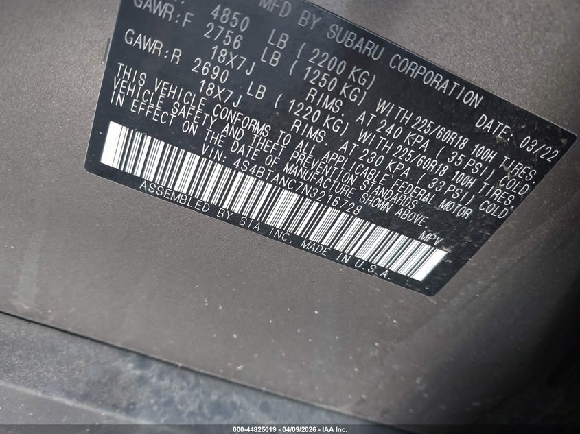 2022 Subaru Outback Limited VIN: 4S4BTANC7N3216728 Lot: 44825019