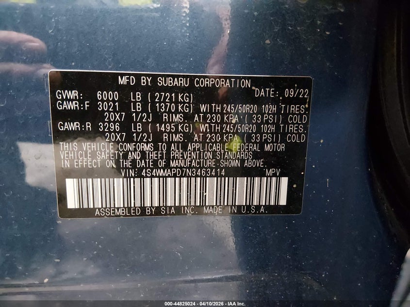 2022 Subaru Ascent Limited VIN: 4S4WMAPD7N3463414 Lot: 44825024