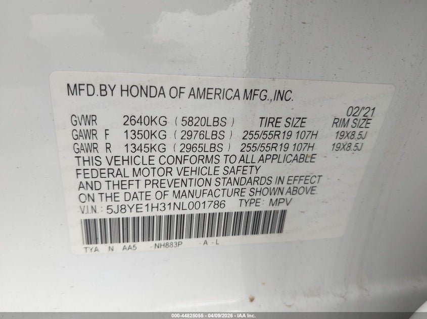 2022 Acura Mdx Standard VIN: 5J8YE1H31NL001786 Lot: 44825055