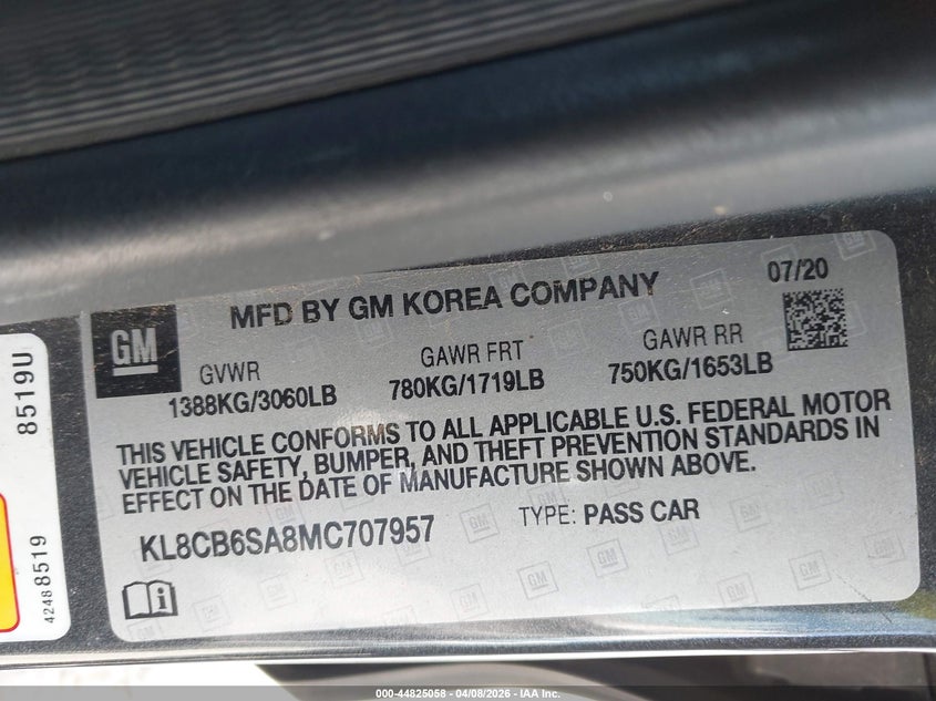 2021 Chevrolet Spark Fwd Ls Automatic VIN: KL8CB6SA8MC707957 Lot: 44825058