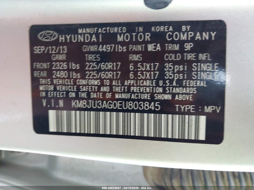 2014 Hyundai Tucson Se VIN: KM8JU3AG0EU803845 Lot: 44825087