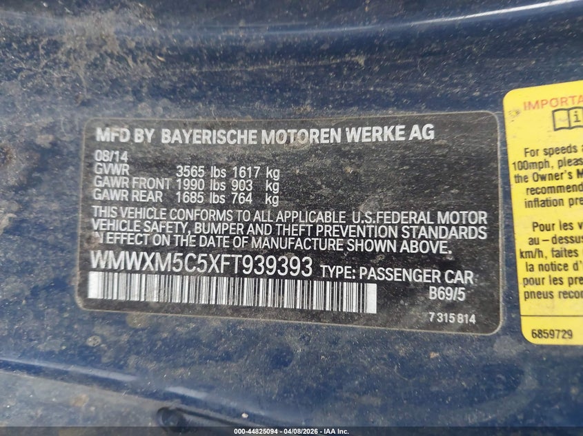 2015 Mini Hardtop Cooper VIN: WMWXM5C5XFT939393 Lot: 44825094