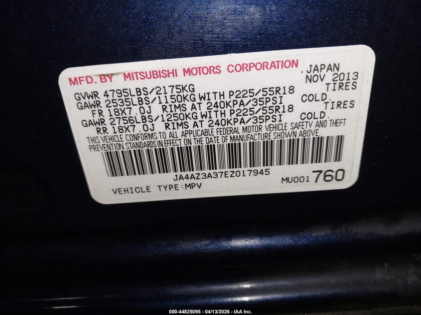 2014 Mitsubishi Outlander Se VIN: JA4AZ3A37EZ017945 Lot: 44825095