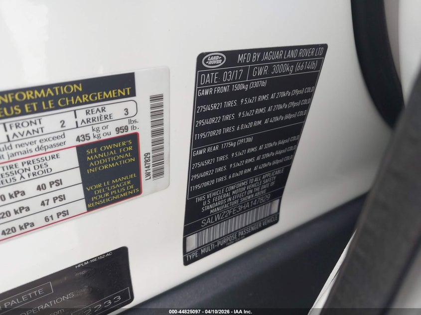 2017 Land Rover Range Rover Sport 5.0L V8 Supercharged Svr VIN: SALWZ2FE3HA147829 Lot: 44825097