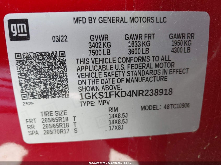 2022 GMC Yukon Xl 2Wd Sle VIN: 1GKS1FKD4NR238918 Lot: 44825129