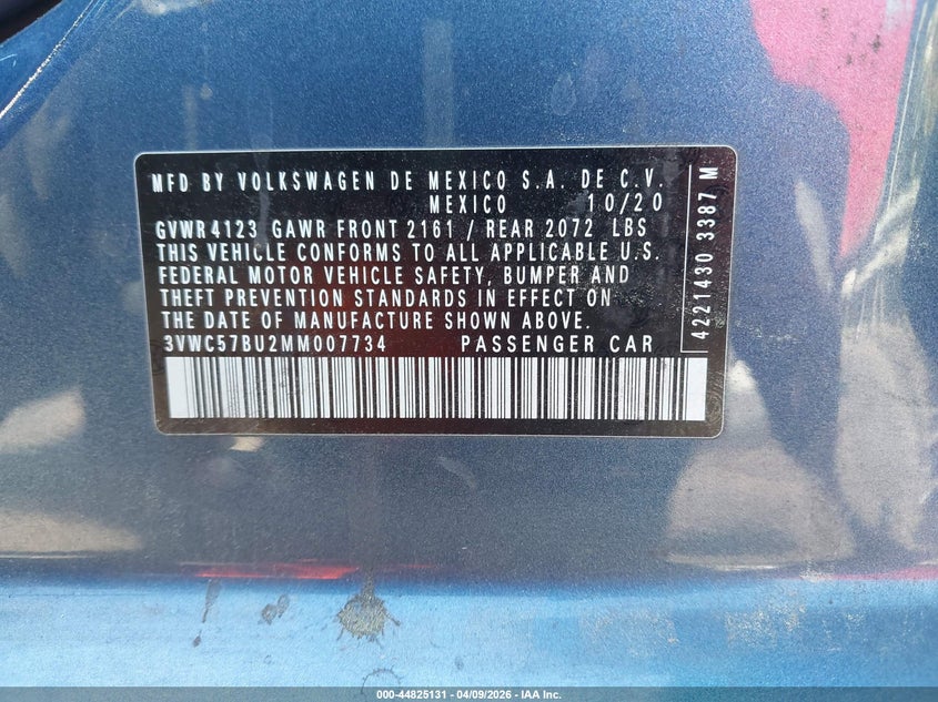 2021 Volkswagen Jetta 1.4T R-Line/1.4T S/1.4T Se VIN: 3VWC57BU2MM007734 Lot: 44825131