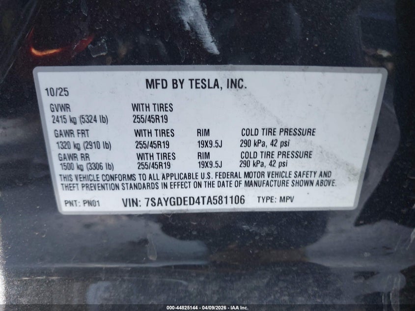 2026 Tesla Model y Premium Rear-Wheel Drive/Standard Rear-Wheel Drive black Lot 111044825144 Vin 7SAYGDED4TA581106