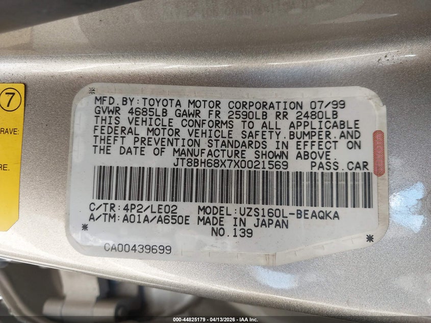 1999 Lexus Gs 400 VIN: JT8BH68X7X0021569 Lot: 44825179