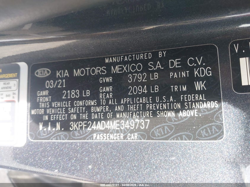 VIN 3KPF24AD4ME349737 2021 KIA FORTE LXS