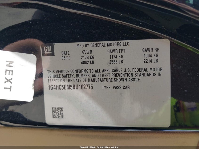 2011 Buick Lucerne Cxl VIN: 1G4HC5EM5BU102775 Lot: 44825200