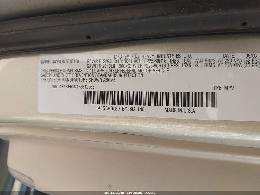 2007 Subaru Outback 2.5I Basic VIN: 4S4BP61C476312955 Lot: 44825240