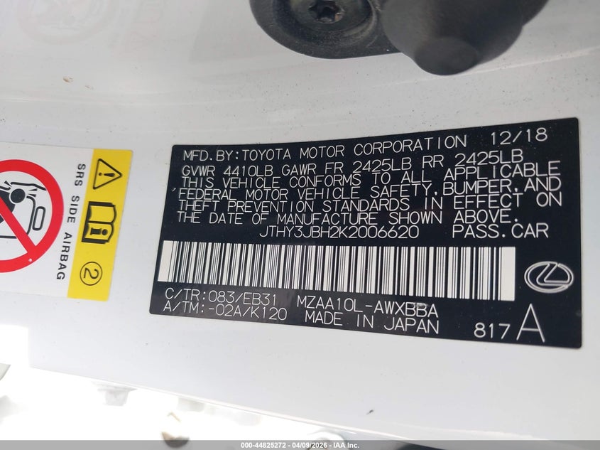 2019 Lexus Ux 200 F Sport VIN: JTHY3JBH2K2006620 Lot: 44825272