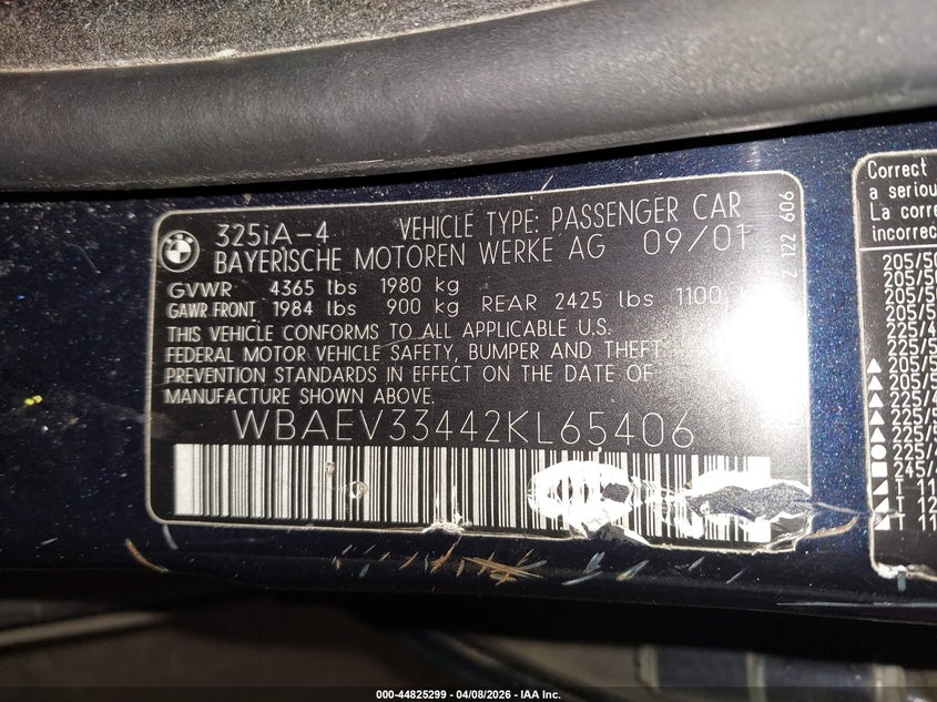 2002 BMW 325I VIN: WBAEV33442KL65406 Lot: 44825299
