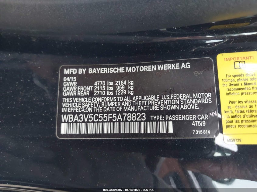 2015 BMW 428I VIN: WBA3V5C55F5A78823 Lot: 44825307