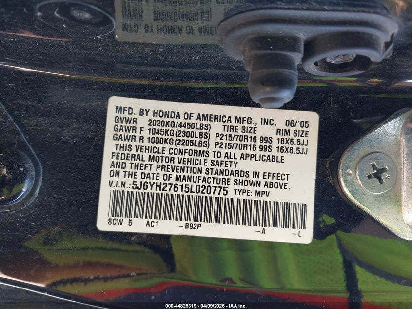 2005 Honda Element Ex VIN: 5J6YH27615L020775 Lot: 44825319