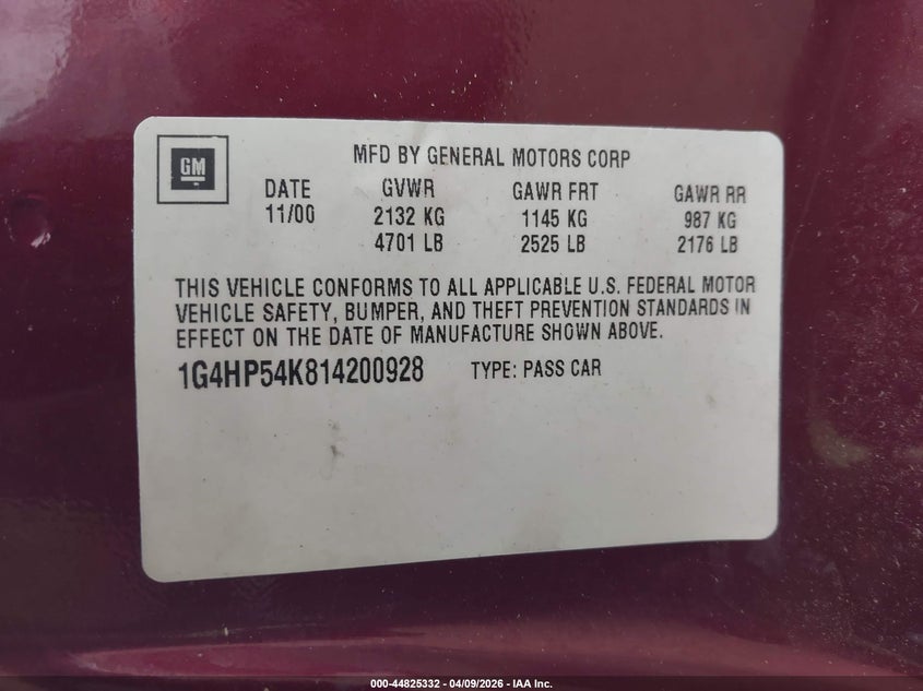 2001 Buick Lesabre Custom VIN: 1G4HP54K814200928 Lot: 44825332