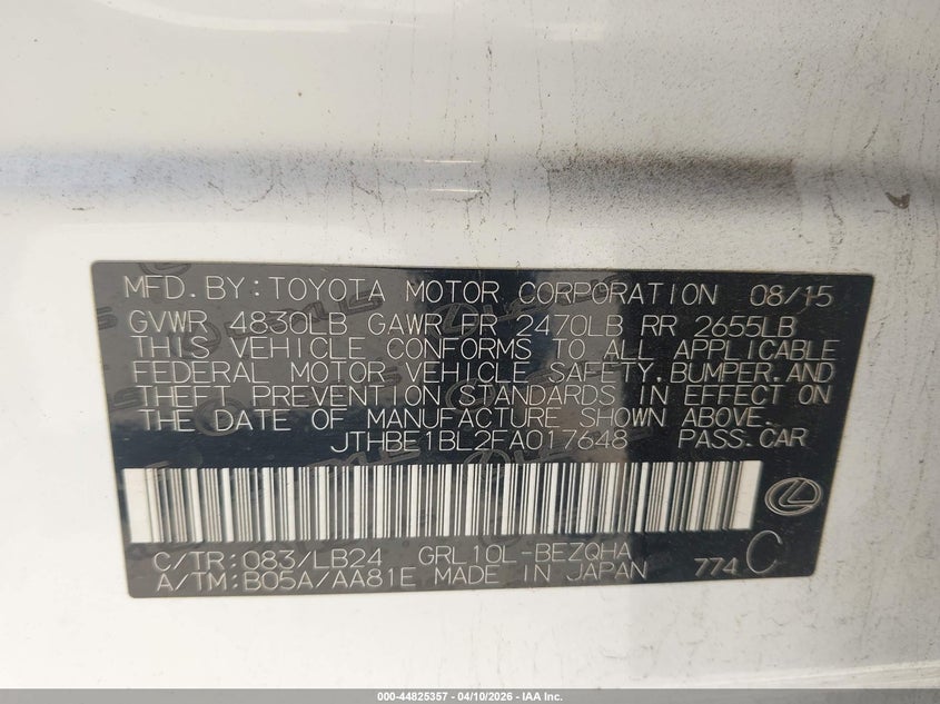 2015 Lexus Gs 350 VIN: JTHBE1BL2FA017648 Lot: 44825357