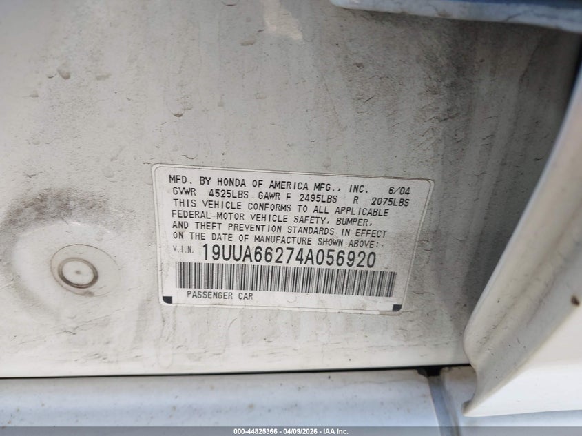 2004 Acura Tl VIN: 19UUA66274A056920 Lot: 44825366