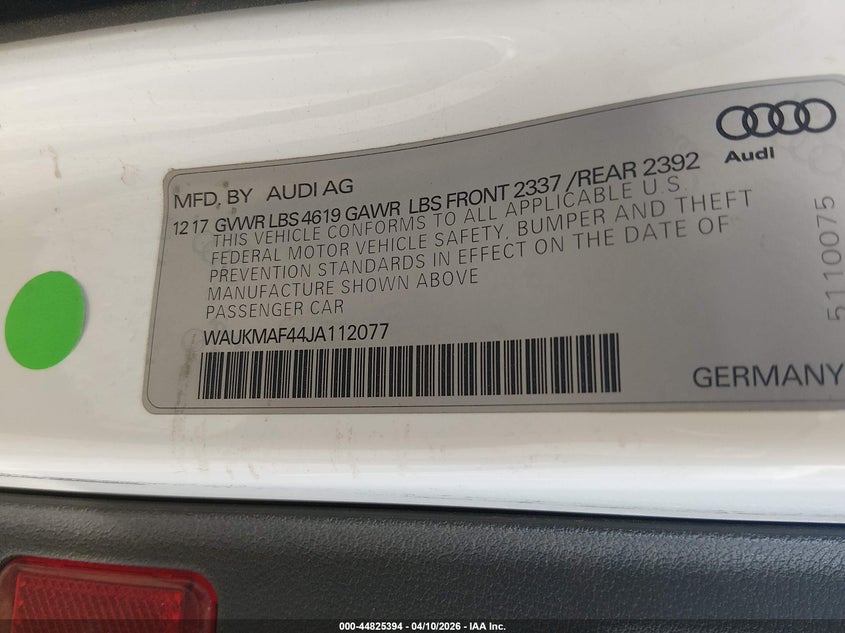 2018 Audi A4 2.0 2.0T Tech Ultra Premium/2.0T Ultra Premium white Lot 111044825394 Vin WAUKMAF44JA112077