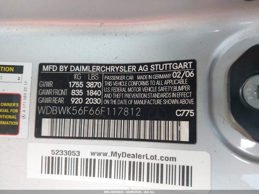 2006 Mercedes-Benz Slk 350 VIN: WDBWK56F66F117812 Lot: 44825433