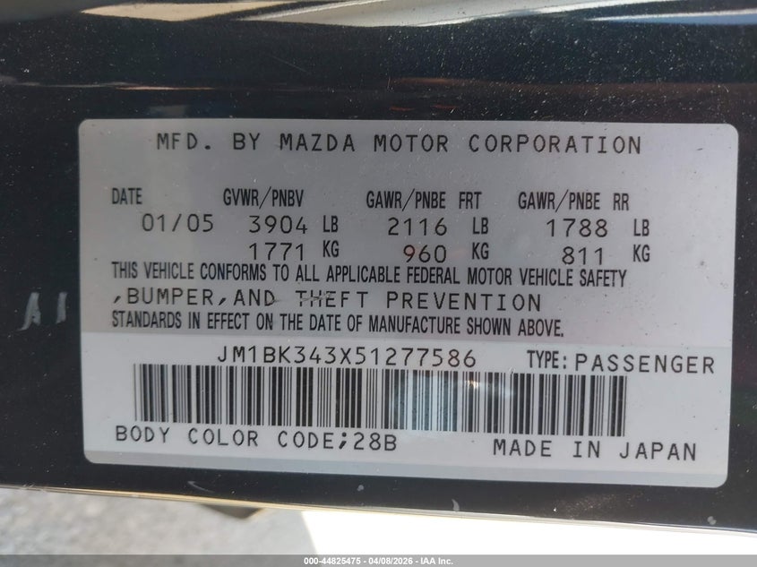 2005 Mazda Mazda3 Sp23 VIN: JM1BK343X51277586 Lot: 44825475