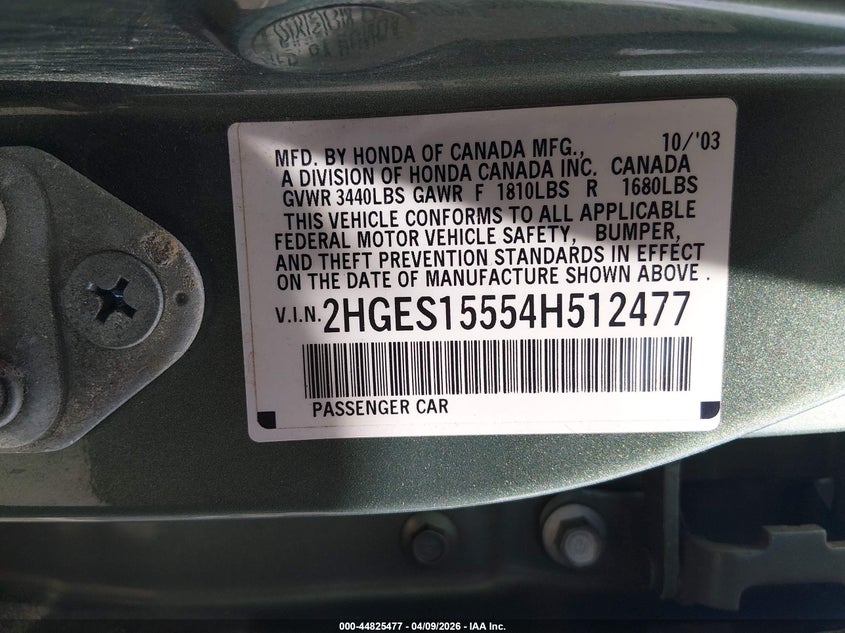 2004 Honda Civic Lx VIN: 2HGES15554H512477 Lot: 44825477