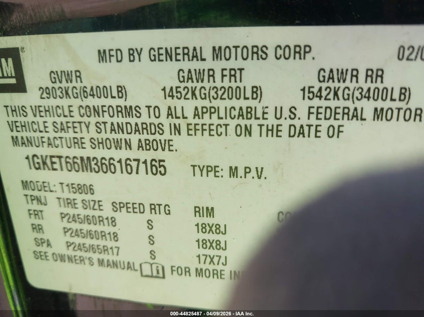 2006 GMC Envoy Xl Denali VIN: 1GKET66M366167165 Lot: 44825487