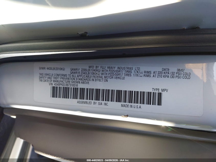 2008 Subaru Outback 2.5I Limited/2.5I Limited L.l. Bean Edition VIN: 4S4BP62C687316516 Lot: 44825523