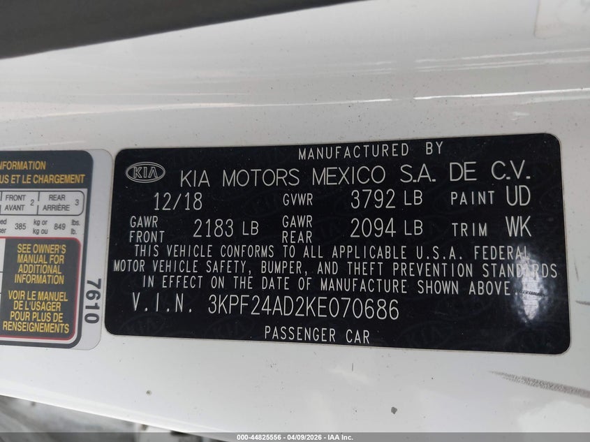 2019 Kia Forte 2.0 Lxs white Lot 111044825556 Vin 3KPF24AD2KE070686
