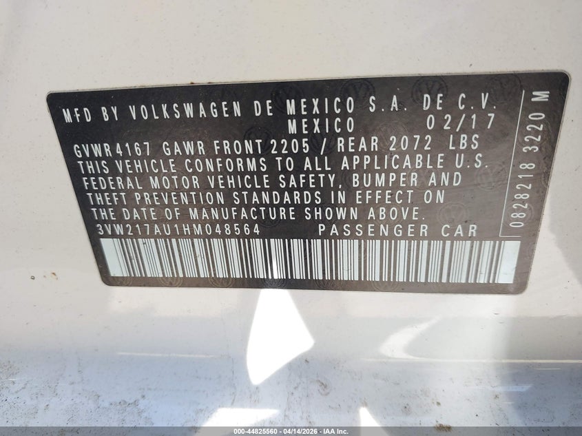 2017 Volkswagen Golf Tsi S 4-Door/Tsi Se 4-Door/Tsi Sel 4-Door/Tsi Wolfsburg Edition 4-Door VIN: 3VW217AU1HM048564 Lot: 44825560