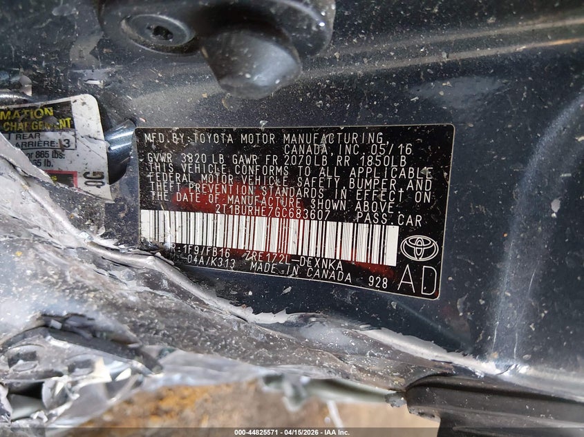 2016 Toyota Corolla Le VIN: 2T1BURHE7GC683607 Lot: 44825571