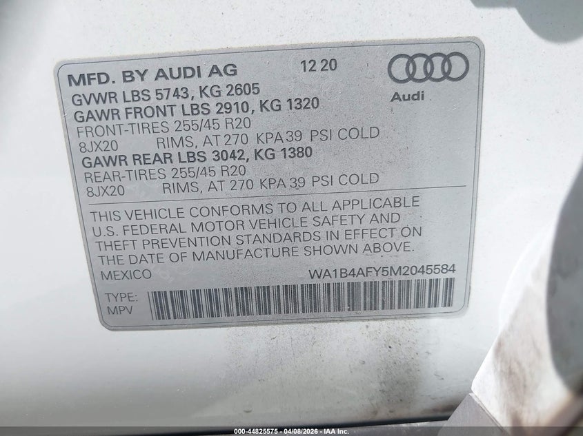 2021 Audi Sq5 Premium Plus Tfsi Quattro Tiptronic VIN: WA1B4AFY5M2045584 Lot: 44825575