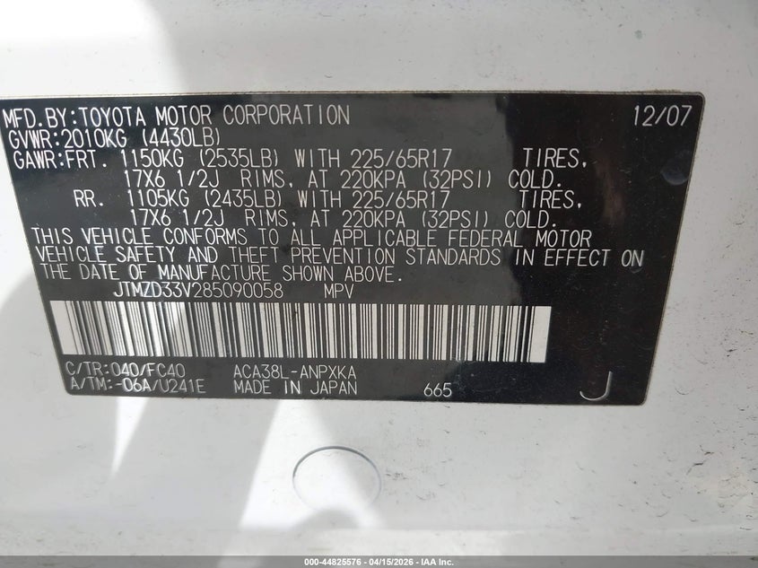 2008 Toyota Rav4 VIN: JTMZD33V285090058 Lot: 44825576