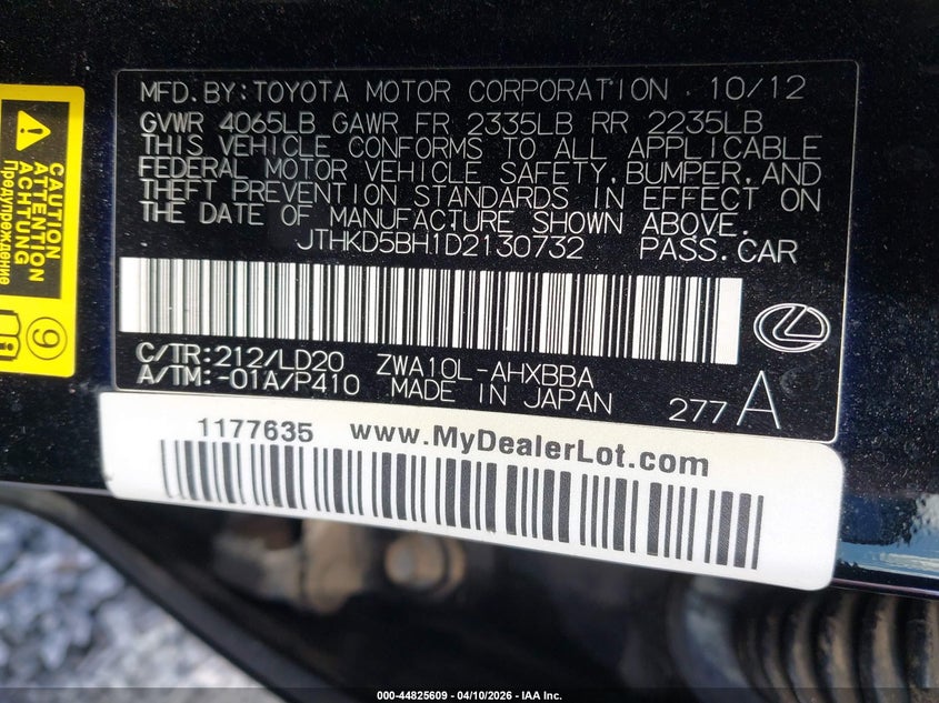 2013 Lexus Ct 200H VIN: JTHKD5BH1D2130732 Lot: 44825609