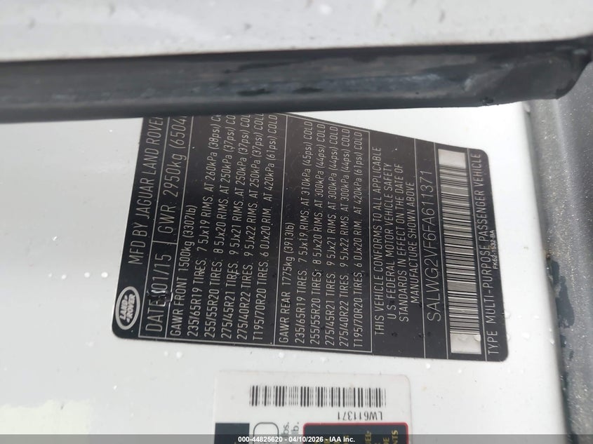 2015 Land Rover Range Rover Sport 3.0L V6 Supercharged Hse/3.0L V6 Supercharged Se VIN: SALWG2VF6FA611371 Lot: 44825620